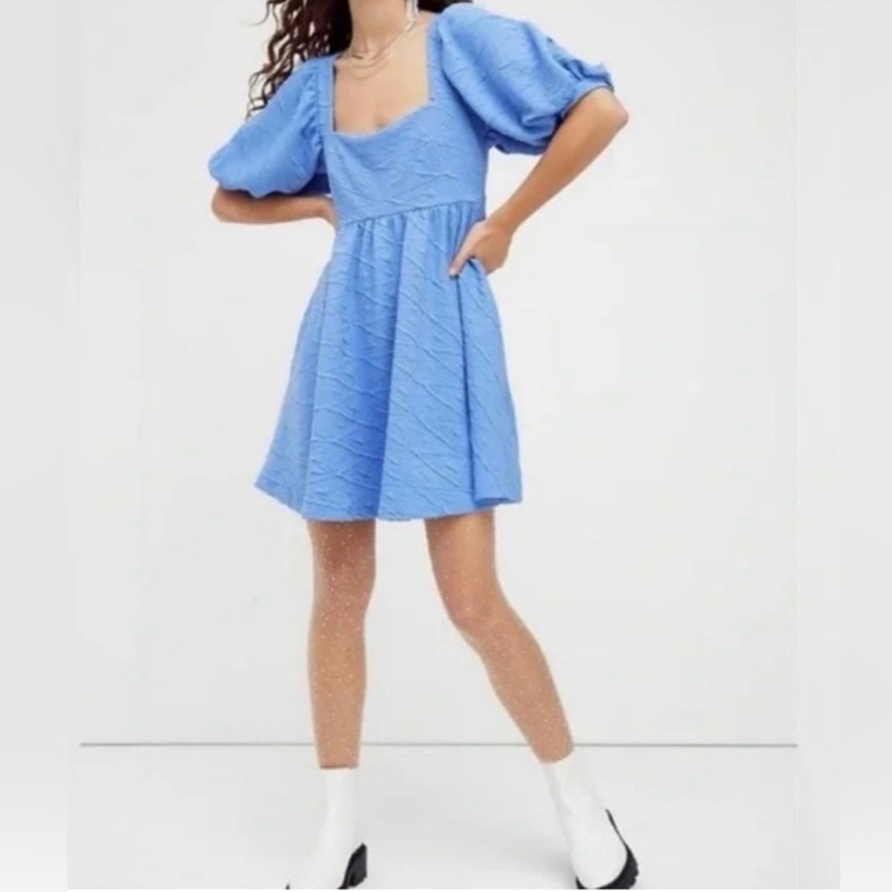 Free People XS Violet Blue Puff Sleeve Babydoll Minidress Light Blue Like New